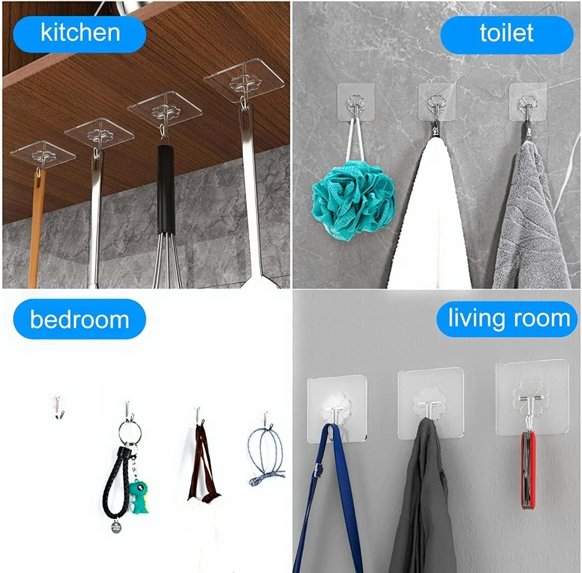 15 Pack Clear Adhesive Wall Hooks, Heavy Duty Sticky Ceiling & Shower Hooks, Water/Oil Resistant, Traceless Self-Stick Hangers for Door, Coat, Kitchen, Bathroom