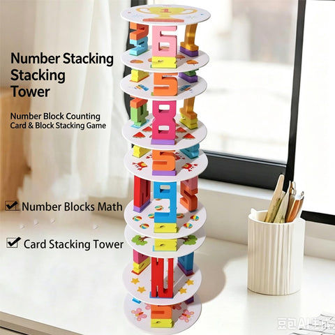 Wooden Number Stacking Tower Game, Montessori Math Counting Blocks with Challenge Cards, Balance Stacking Building Blocks, Preschool Educational Learning Toy for 3+ Years Old Boys Girls