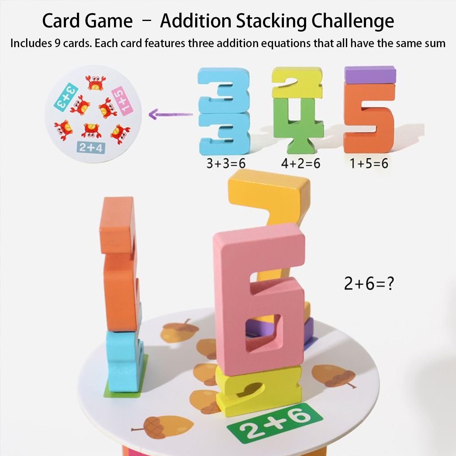 Wooden Number Stacking Tower Game, Montessori Math Counting Blocks with Challenge Cards, Balance Stacking Building Blocks, Preschool Educational Learning Toy for 3+ Years Old Boys Girls