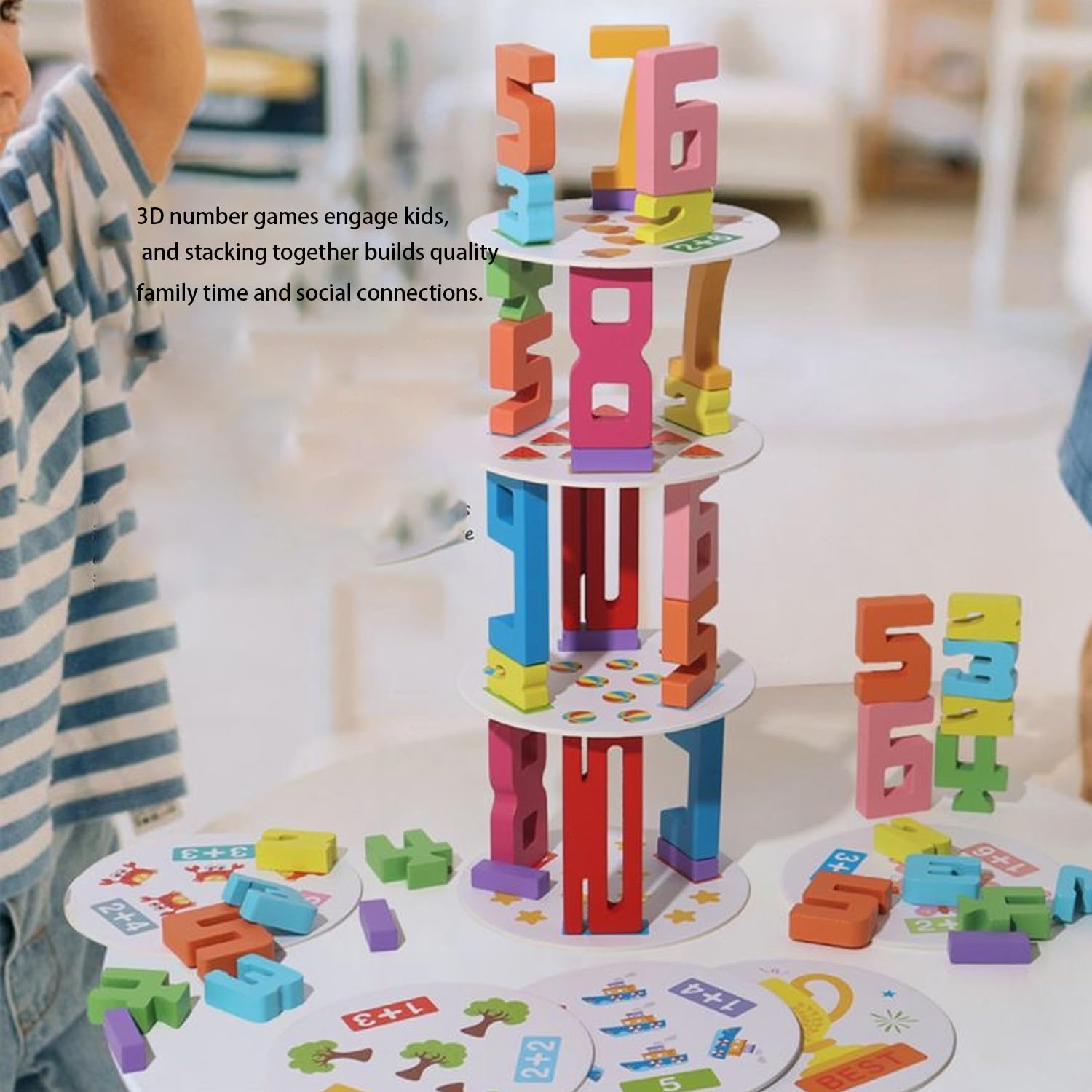 Wooden Number Stacking Tower Game, Montessori Math Counting Blocks with Challenge Cards, Balance Stacking Building Blocks, Preschool Educational Learning Toy for 3+ Years Old Boys Girls