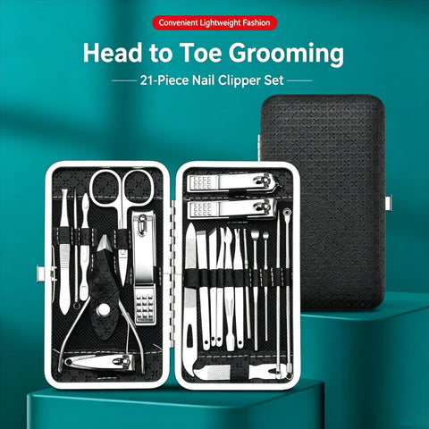 21 in 1 Manicure Pedicure Set, Professional Stainless Steel Nail Clipper Grooming Kit, Multi‑Function Nail Foot Facial Care Tools with Portable PU Leather Travel Case for Men Women, Black