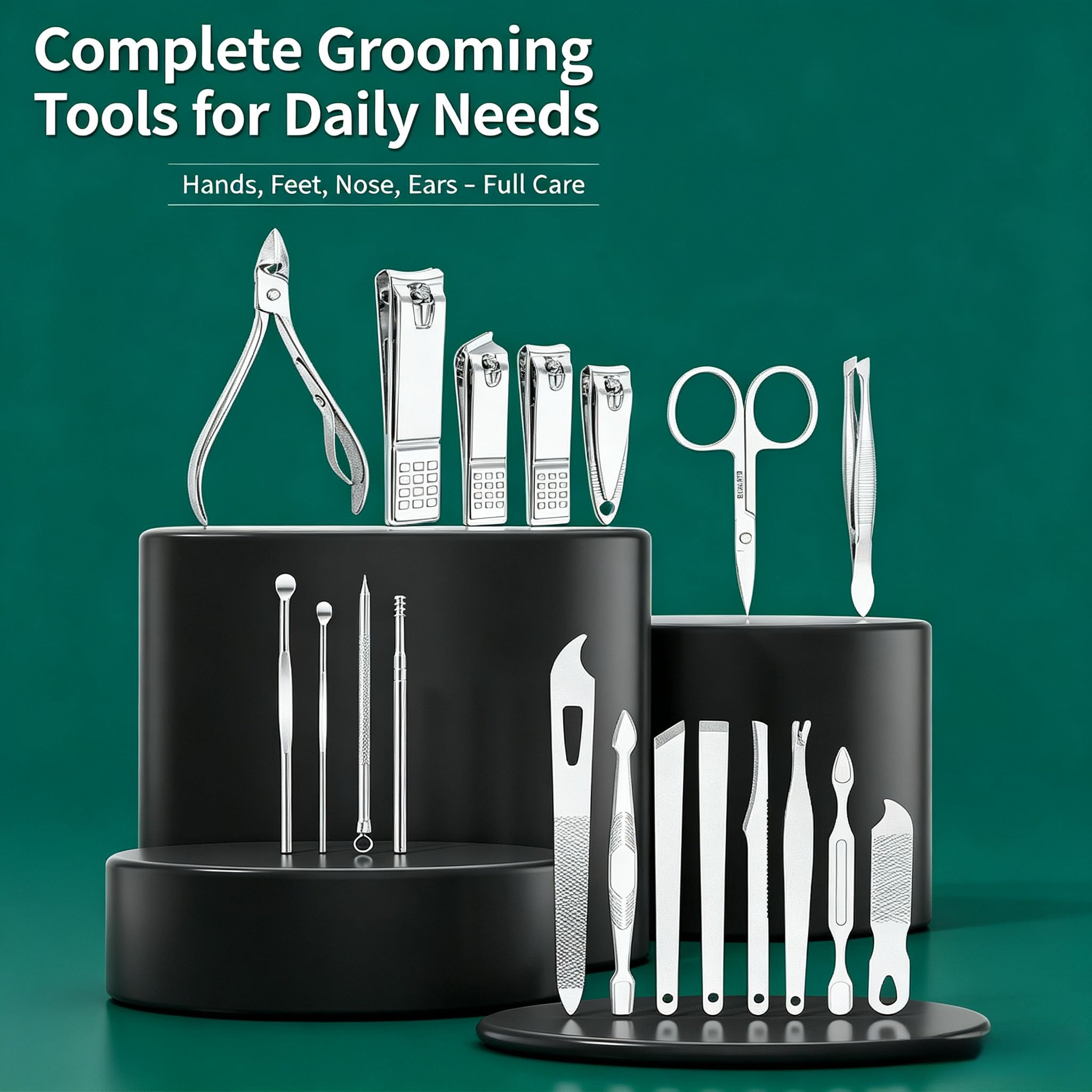 21 in 1 Manicure Pedicure Set, Professional Stainless Steel Nail Clipper Grooming Kit, Multi‑Function Nail Foot Facial Care Tools with Portable PU Leather Travel Case for Men Women, Black