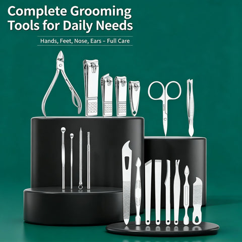 21 in 1 Manicure Pedicure Set, Professional Stainless Steel Nail Clipper Grooming Kit, Multi‑Function Nail Foot Facial Care Tools with Portable PU Leather Travel Case for Men Women, Black
