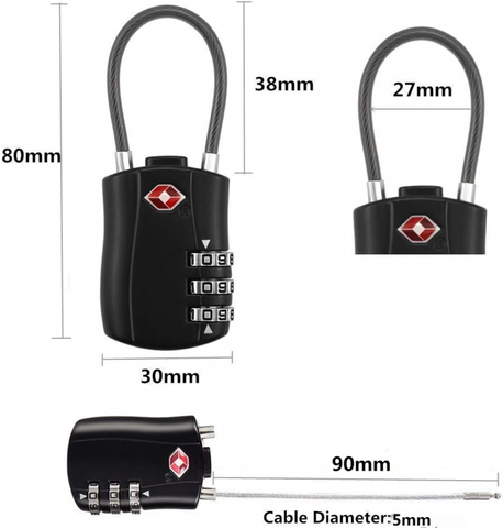 2 Pack TSA Approved Luggage Locks, 3-Digit Re-settable Combination Travel Cable Lock, Durable Zinc Alloy Security Lock for Suitcase Backpack Travel