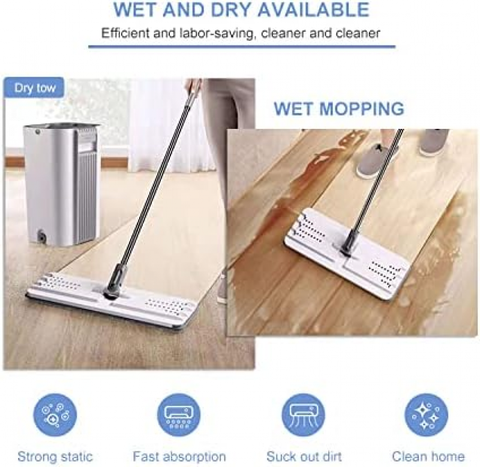 Floor Mop and Bucket Set with Extra 4 Microfiber Mop Pads,Stainless Steel Handle Flat Mop Self-Wring System Bucket