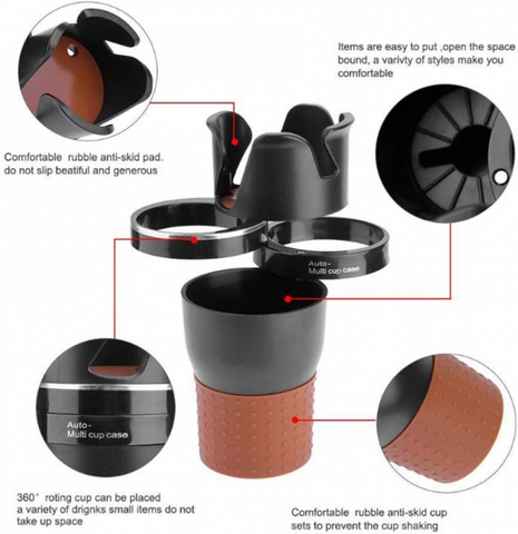 Car Cup Holder Organizer, 5 in 1 Multifunctional 360° Rotating Car Cup Holder Insert,Car Multi Cup Holder Extender, Adjustable Base Bottles Rack for Car Interior