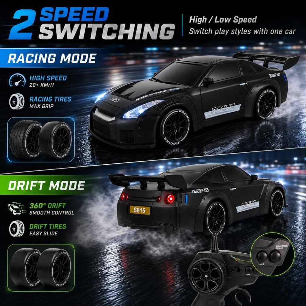 Scale RC Drift Car, 2.4GHz Remote & App Control 4WD High Speed Racing Car with LED Lights, 2 Tires, Rechargeable Battery, Gift for Kids
