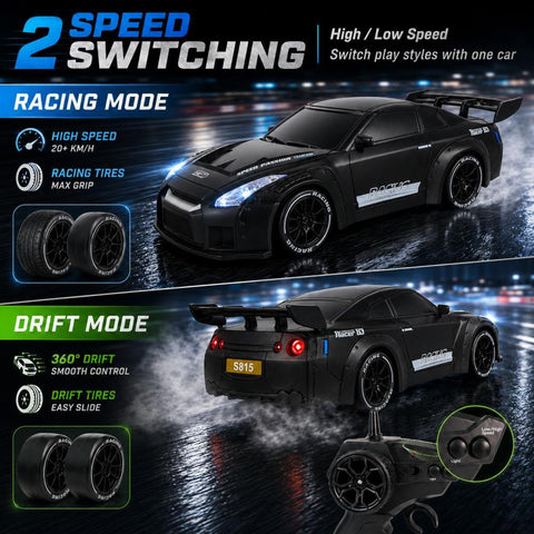 Scale RC Drift Car, 2.4GHz Remote & App Control 4WD High Speed Racing Car with LED Lights, 2 Tires, Rechargeable Battery, Gift for Kids