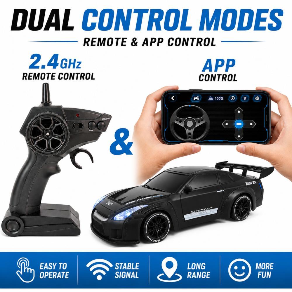 Scale RC Drift Car, 2.4GHz Remote & App Control 4WD High Speed Racing Car with LED Lights, 2 Tires, Rechargeable Battery, Gift for Kids