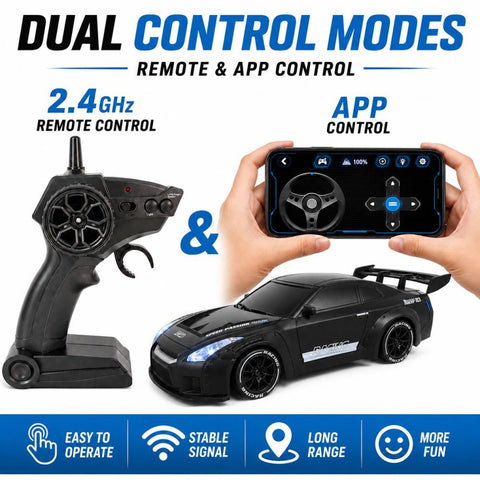 Scale RC Drift Car, 2.4GHz Remote & App Control 4WD High Speed Racing Car with LED Lights, 2 Tires, Rechargeable Battery, Gift for Kids