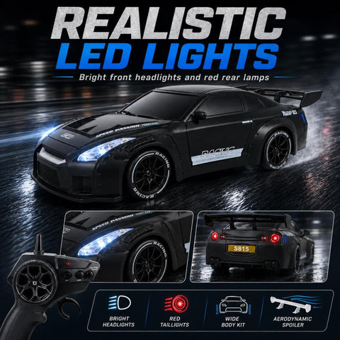 Scale RC Drift Car, 2.4GHz Remote & App Control 4WD High Speed Racing Car with LED Lights, 2 Tires, Rechargeable Battery, Gift for Kids