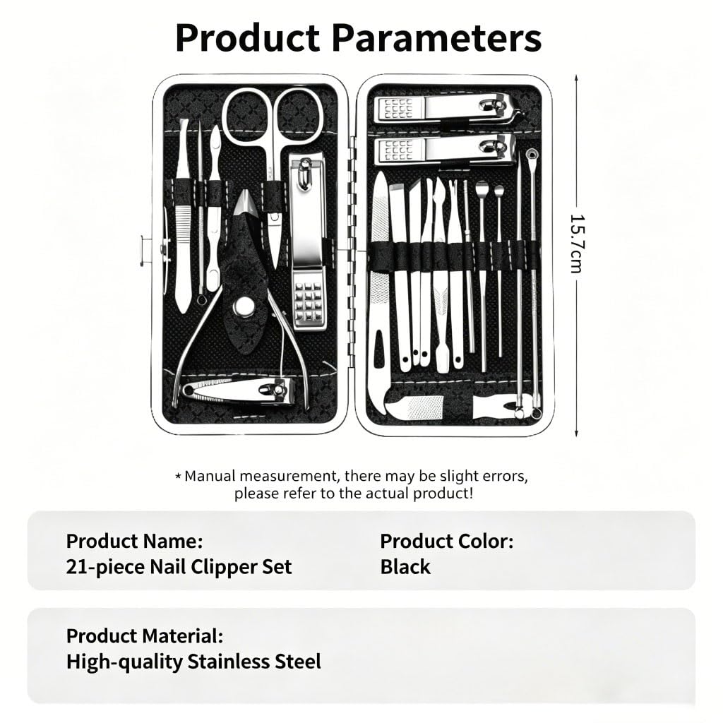 21 in 1 Manicure Pedicure Set, Professional Stainless Steel Nail Clipper Grooming Kit, Multi‑Function Nail Foot Facial Care Tools with Portable PU Leather Travel Case for Men Women, Black