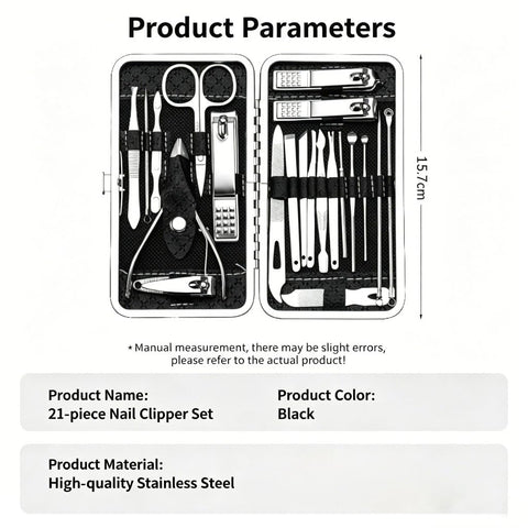 21 in 1 Manicure Pedicure Set, Professional Stainless Steel Nail Clipper Grooming Kit, Multi‑Function Nail Foot Facial Care Tools with Portable PU Leather Travel Case for Men Women, Black