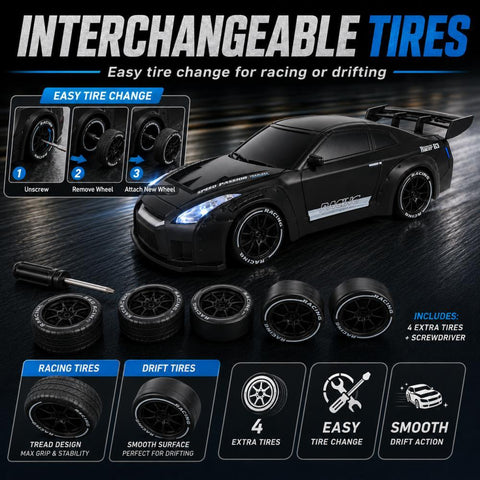 Scale RC Drift Car, 2.4GHz Remote & App Control 4WD High Speed Racing Car with LED Lights, 2 Tires, Rechargeable Battery, Gift for Kids
