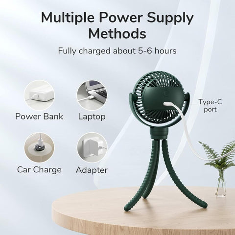 Mini Handheld Portable Pram Fan, Baby Stroller Fan, Car Seat Fan, USB or Battery Powered, with Flexible Tripod Clip on Student Bed Desk Bike Crib Treadmill Camping Traveling