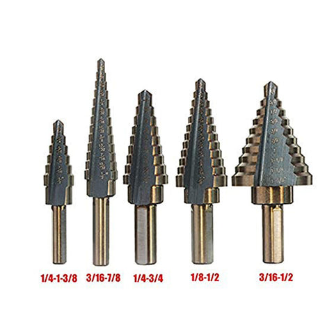 5-Piece Inch Step Drill Bit Set, Triangle Pagoda Drill, Titanium Coated Tapered Drill Hole Cutter  50Size High Speed Steel (HSS) Drill Bit Set with Aluminum Storage Case