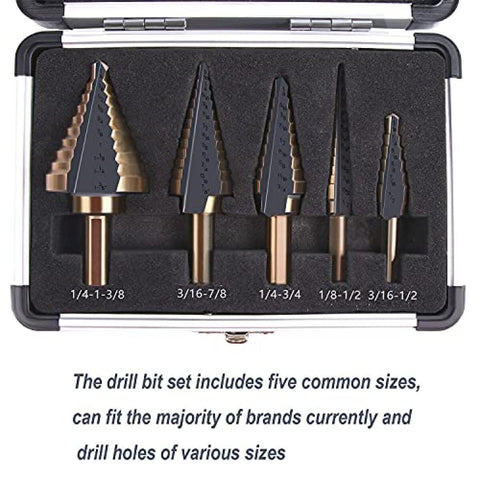 5-Piece Inch Step Drill Bit Set, Triangle Pagoda Drill, Titanium Coated Tapered Drill Hole Cutter  50Size High Speed Steel (HSS) Drill Bit Set with Aluminum Storage Case