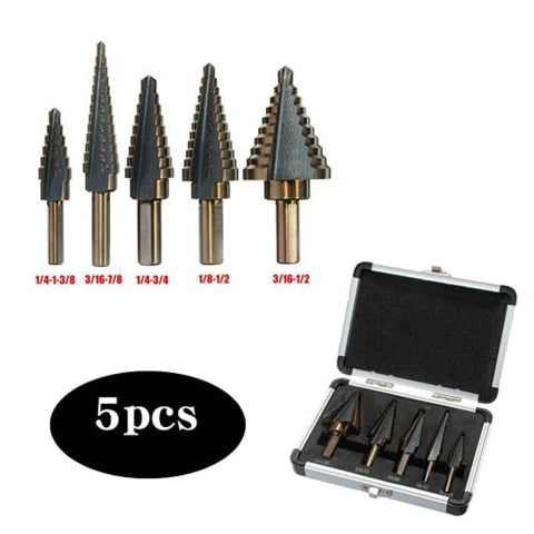 5-Piece Inch Step Drill Bit Set, Triangle Pagoda Drill, Titanium Coated Tapered Drill Hole Cutter  50Size High Speed Steel (HSS) Drill Bit Set with Aluminum Storage Case