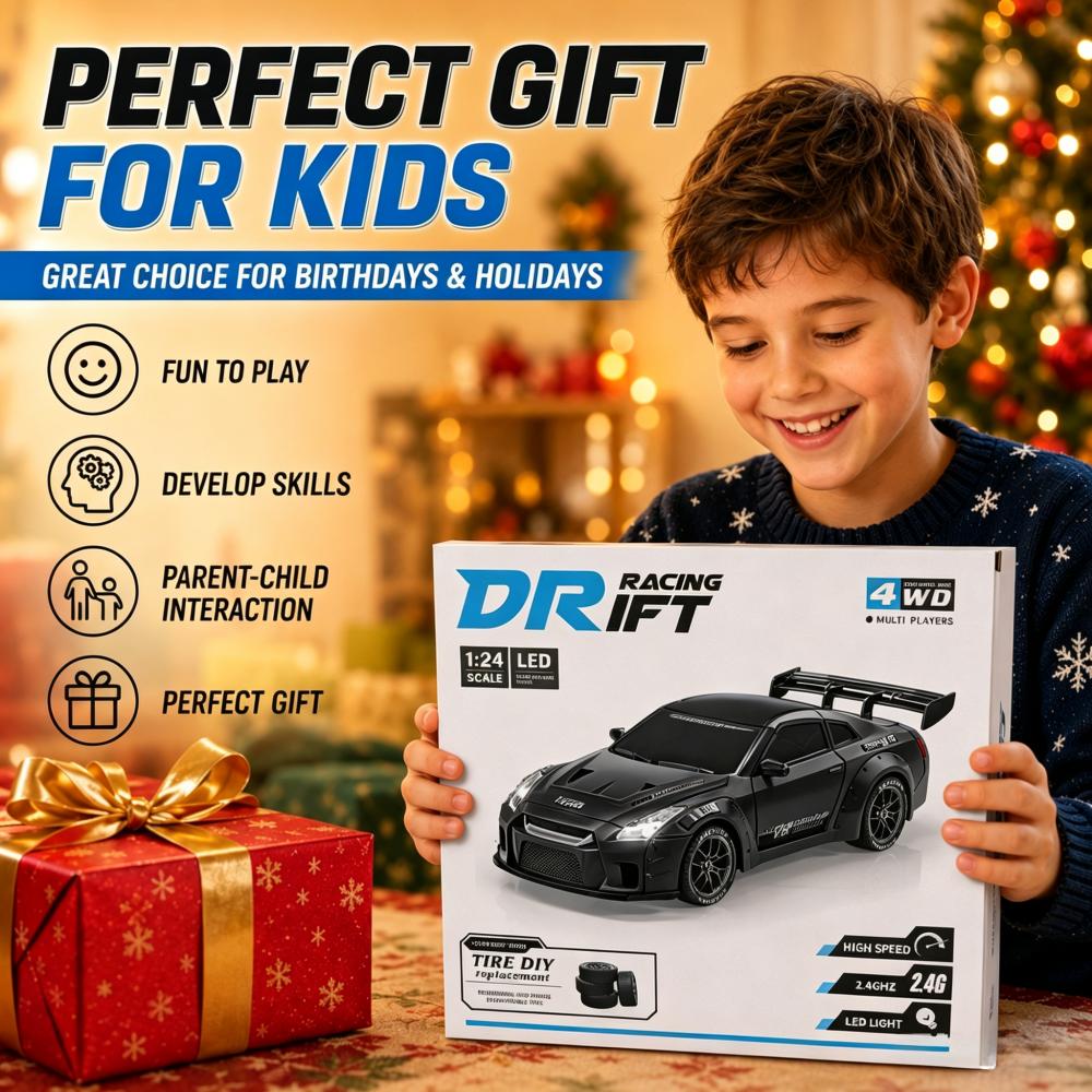 Scale RC Drift Car, 2.4GHz Remote & App Control 4WD High Speed Racing Car with LED Lights, 2 Tires, Rechargeable Battery, Gift for Kids