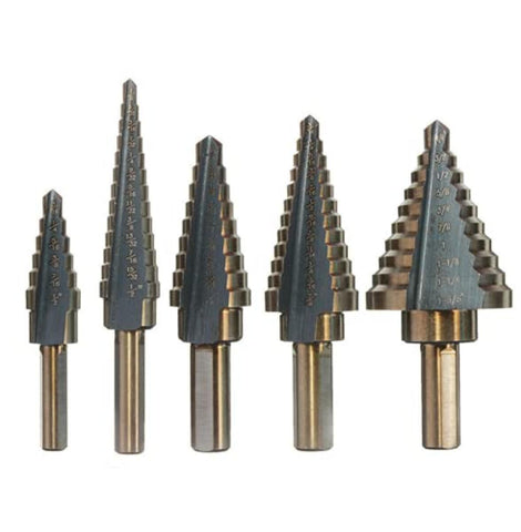 5-Piece Inch Step Drill Bit Set, Triangle Pagoda Drill, Titanium Coated Tapered Drill Hole Cutter  50Size High Speed Steel (HSS) Drill Bit Set with Aluminum Storage Case