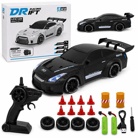 Scale RC Drift Car, 2.4GHz Remote & App Control 4WD High Speed Racing Car with LED Lights, 2 Tires, Rechargeable Battery, Gift for Kids