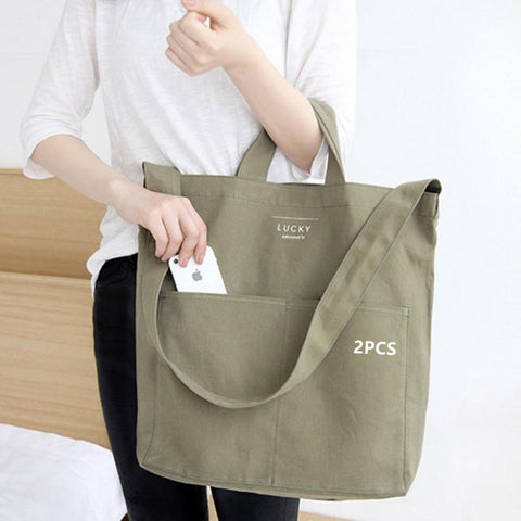 2PCS Women Canvas Tote Handbags Casual Shoulder Work Bag Crossbody Top Handle Bag Cross-body Shopping Handbags with Multiple Pockets