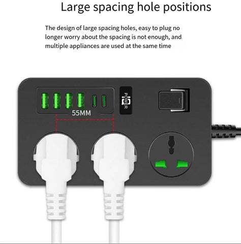Power Strip with 3 Oulets,4 USB and 2 USB-C (Smart 3.1A),2M Extension Cord 3000W Universal Compact Power Strip Surge Protector 110V-250V for Home