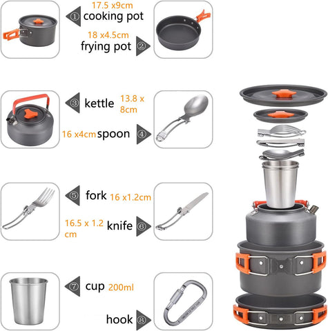 10PCS  Camping Cookware Stove Kettle Mess Kit – Camping Cooking Set - Camping Pots and Pans Set - Camp Accessories- Backpacking Supplies Survival Gear