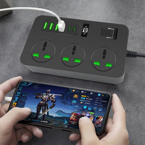 Power Strip with 3 Oulets,4 USB and 2 USB-C (Smart 3.1A),2M Extension Cord 3000W Universal Compact Power Strip Surge Protector 110V-250V for Home