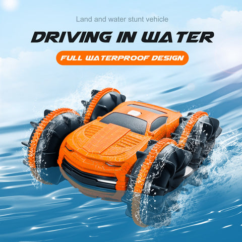 Amphibious Remote Control Car Boat for Kids, 2.4 GHz RC Stunt Car 4WD Off Road Radio Truck All Terrain Water Land Beach Double Sided Rotating 360Flips