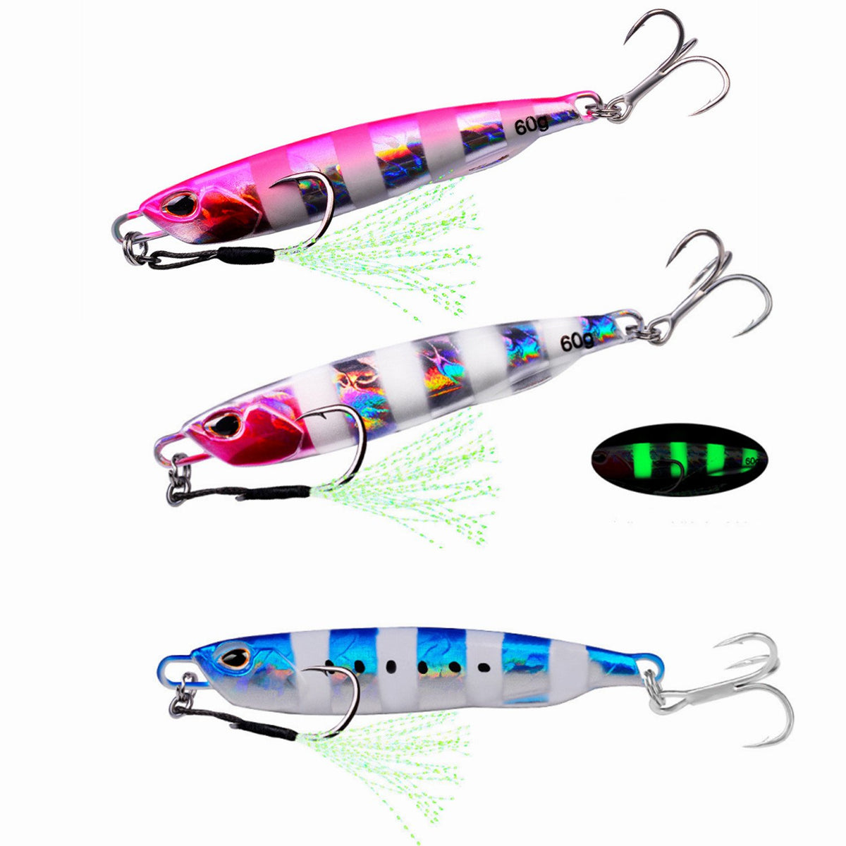 3PCS Fishing Jigs, 60g Slow Flat Fall Jig Luminous Lead Vertical Jig Freshwater Saltwater with Two Assist Mustad Hook, bass, walleye, crappie, pike