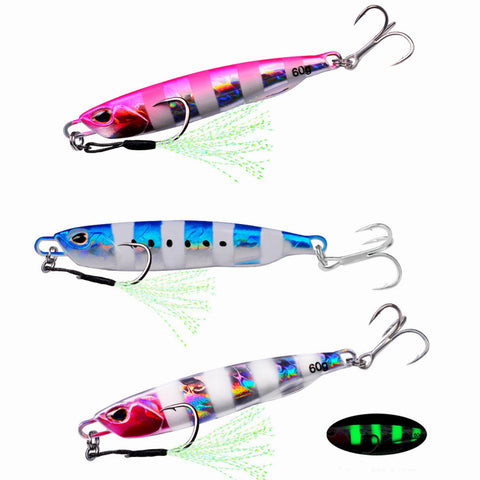 3PCS Fishing Jigs, 60g Slow Flat Fall Jig Luminous Lead Vertical Jig Freshwater Saltwater with Two Assist Mustad Hook, bass, walleye, crappie, pike