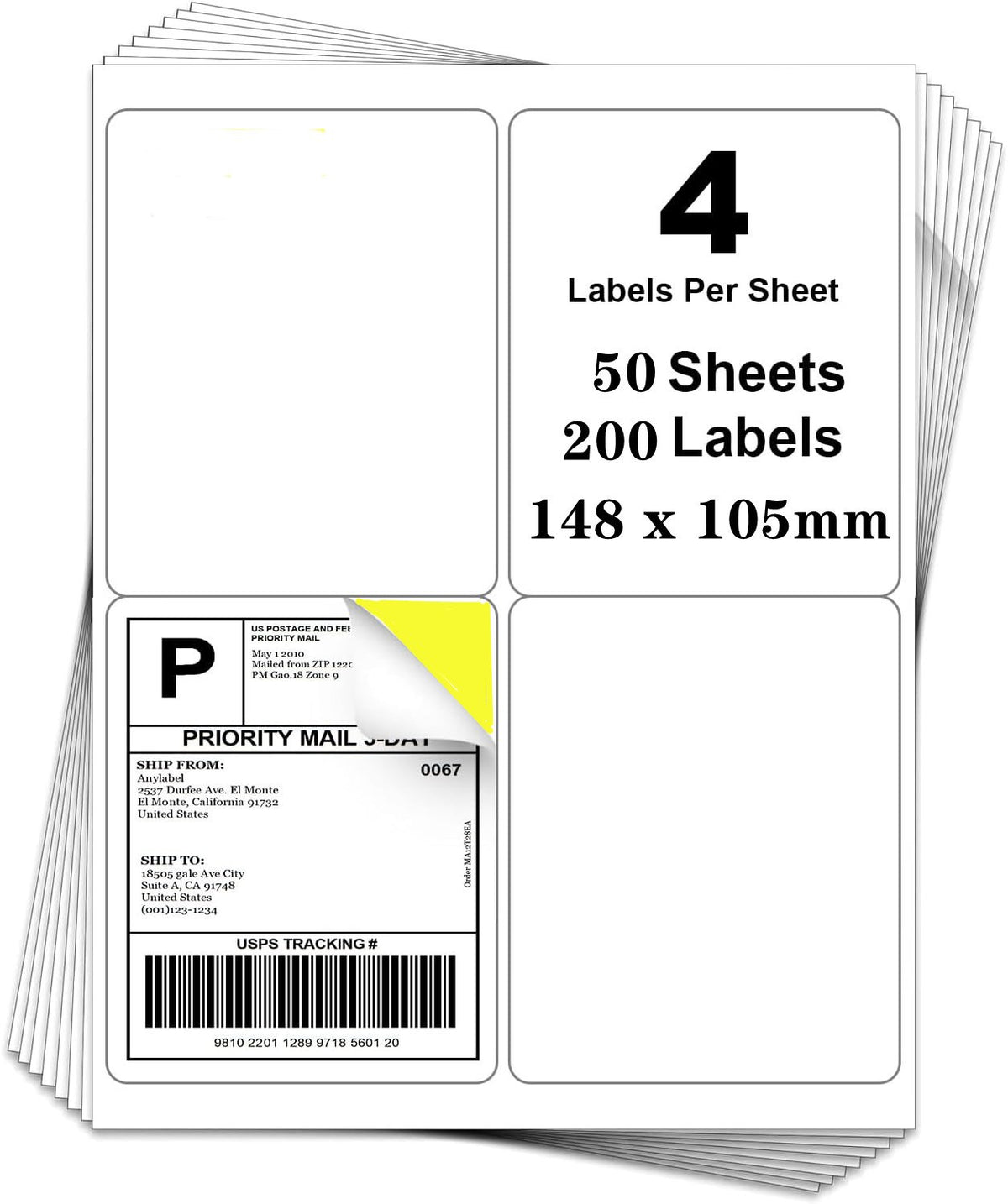 50 Sheets, 148 x 105mm - Large Printable  Labels for Laser/Inkjet Printings - Matte - 4 Per Page | 200 Labels)