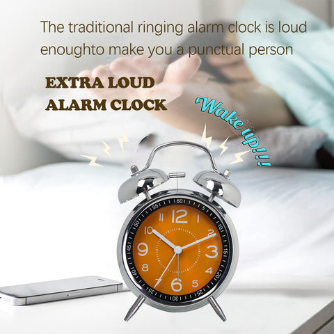 Analog Alarm Clock,Loud Alarm Clock for Heavy Sleepers Bedrooms,Super Silent Non-Ticking Twin Bell Alarm Clock,Bedside Louder Bell for All Ages