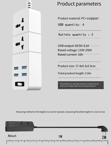 Power Strip, Surge Protector with 2 Universal AC Outlets and 4 USB Ports, 110V-250V Socket Powerboard with Extension Cord