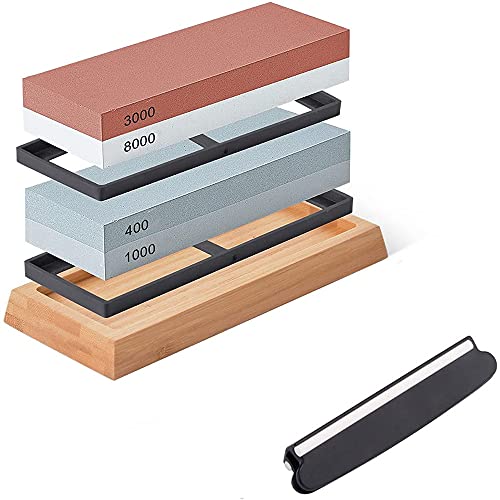 Knife Sharpening Stone Set, Premium Whetstone Sharpener 4 Side Grit 400/1000 3000/8000 with Non-Slip Base