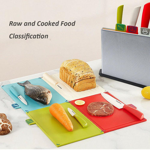 4-Piece Universal Cutting Boards And Ceramic Knife Set with Block Storage, Multifunctional Raw and Cooked Food Classification Cutting Board Set