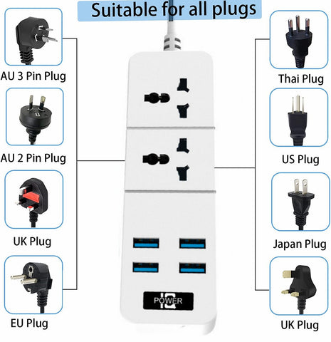 Power Strip, Surge Protector with 2 Universal AC Outlets and 4 USB Ports, 110V-250V Socket Powerboard with Extension Cord