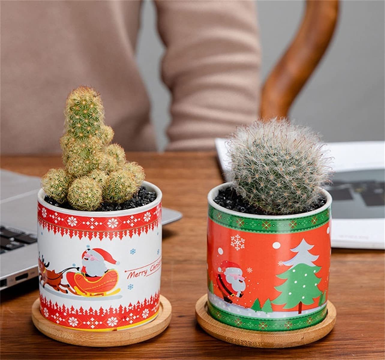 christmas ceramic plant pots 4 Packs 3 Inches Christmas Ceramic Succulent Plant Pots,Indoor Decorations Small Flower Pots, Christmas Decorations Small Flower Pots Set with Bamboo Trays for Gift, Home Decor – Housefibre
