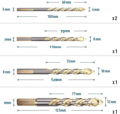 5PCS Triangle Drill Bits Set, Multifunctional Twist Drill Bit,6/8/10/12mm Triangle Handle Twist Drill Bits Tungsten Carbide Tip Wall Ceramic Tile