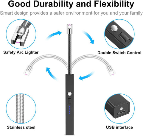 Candle Lighter, Upgraded USB Electric Lighter, Rechargeable Arc Lighter with LED Display, 360° Flexible Neck Flameless Lighters for Camping Cooking