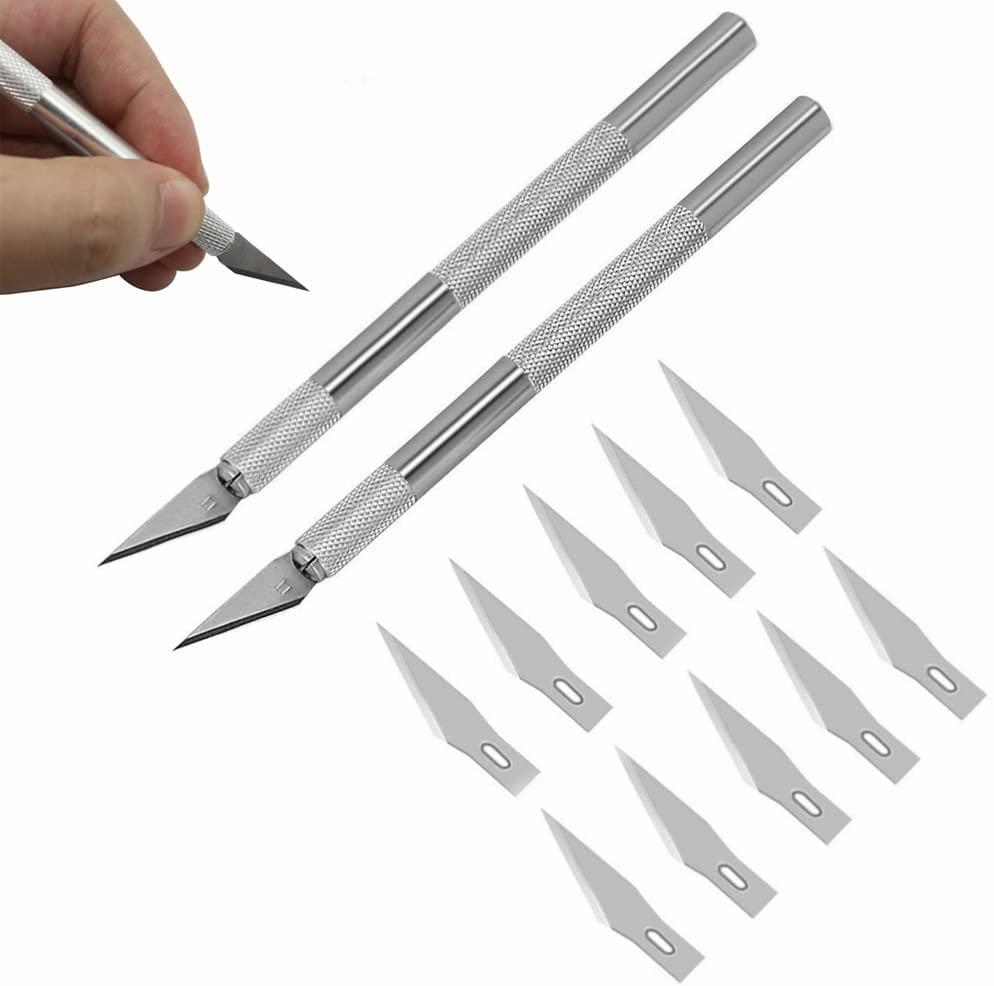 2Pack Precision Carving Craft Knife Stainless Steel Metal Knives with Safety Cap and 10Pcs Knife Blades for DIY Art Cutting Sculpture Carving Knife