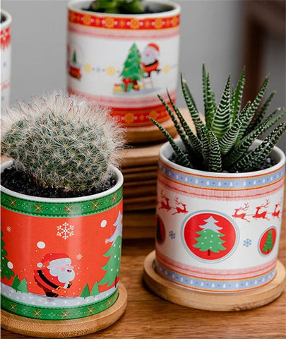 plant pots for christmas 4 Packs 3 Inches Christmas Ceramic Succulent Plant Pots,Indoor Decorations Small Flower Pots, Christmas Decorations Small Flower Pots Set with Bamboo Trays for Gift, Home Decor – Housefibre