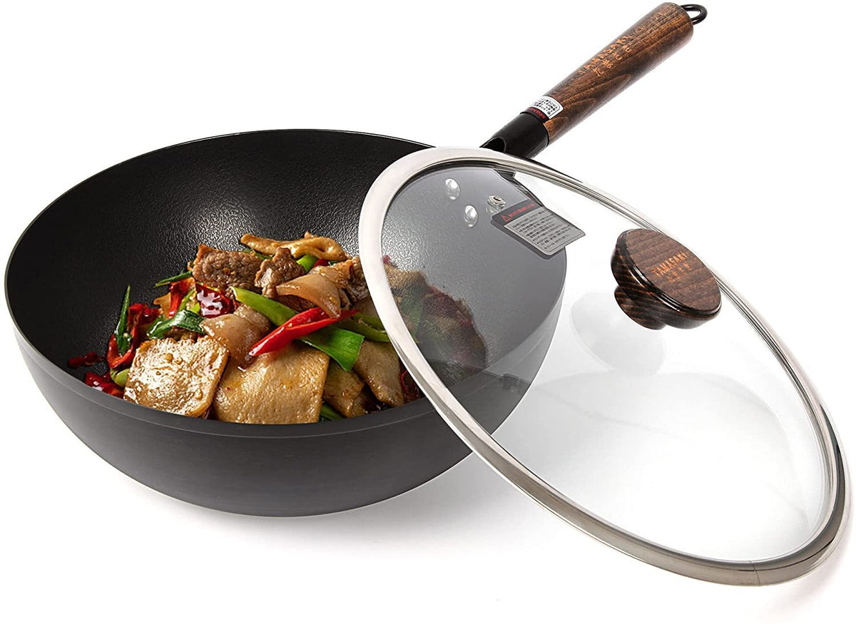 Deep Wok Pan Nonstick Skillet -12 Inch No Coating Cast Iron Stir Fry Pan to Fry Eggs Steak Pancakes Pan for Induction Cooktop Gas & Electric Stove