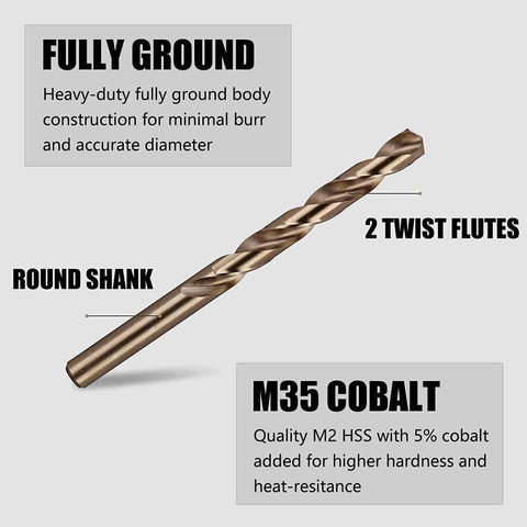 15 Piece Metric M35 Cobalt HSS Drill Bit Kit With Straight Shank For Drilling Cast Iron, Brass, Aluminium,Stainless Steel, Plastic