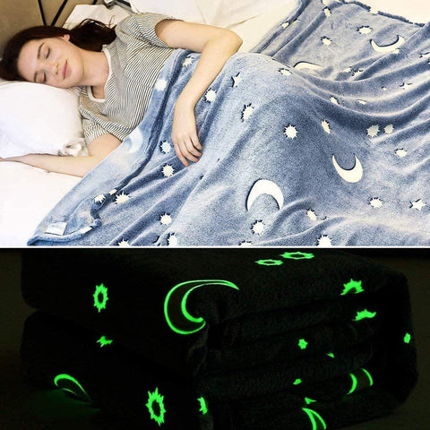 Luminous Blanket,Super Soft Flannel Sun And Moon Print Luminous Blanket Bed Sheet for Children and Adults,Portable Blankets Light Weight Keep Warm