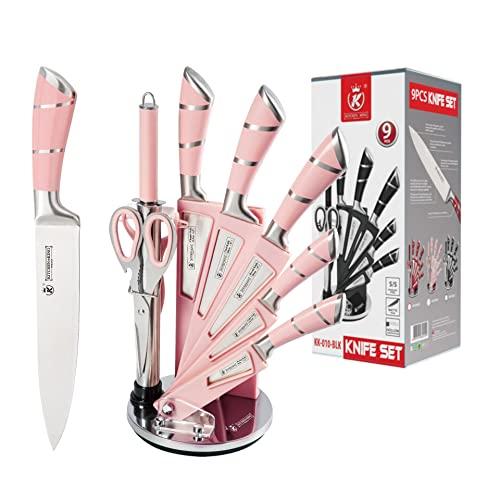 Kitchen Chef Knife Sharp 9 Piece Set, Premium Stainless Steel Knife Blade & Hollow Non-Slip Handles - 360 Degree Rotating Block Stand Cooking Set