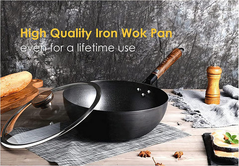 Deep Wok Pan Nonstick Skillet -12 Inch No Coating Cast Iron Stir Fry Pan to Fry Eggs Steak Pancakes Pan for Induction Cooktop Gas & Electric Stove