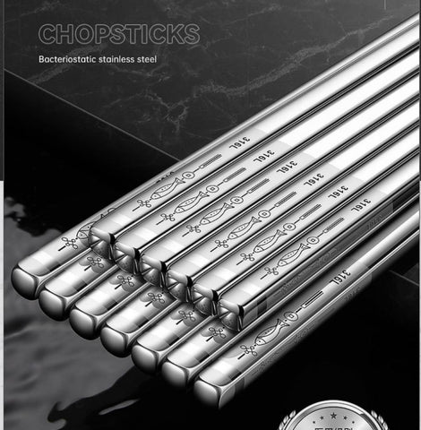 Stainless Steel Chopsticks, Reusable Square Lightweight 316L/ 304 Metal Non Slip Chopsticks, Japanese Chinese Korean Chopstick Dishwasher Safe