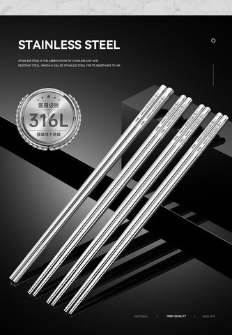 Stainless Steel Chopsticks, Reusable Square Lightweight 316L/ 304 Metal Non Slip Chopsticks, Japanese Chinese Korean Chopstick Dishwasher Safe